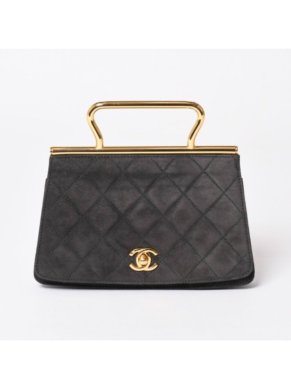 Chanel Top Handle Handbag CC Logo Suede Turnlock Dark Gray Gold
